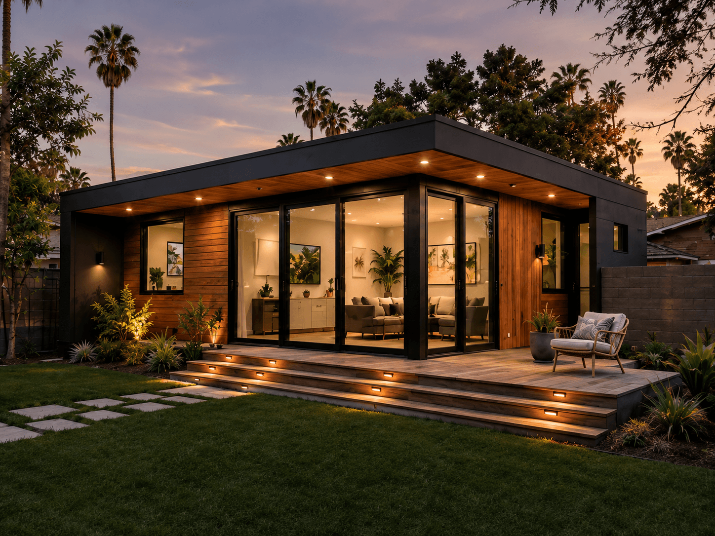 Completed modern detached ADU in a landscaped Los Angeles backyard