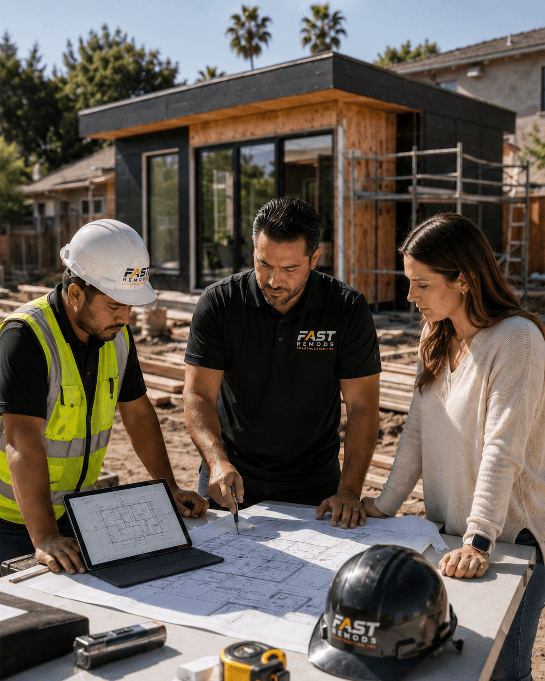 Fast Remods team reviewing construction plans at an ADU project site